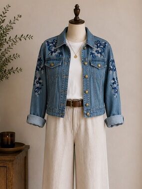 Y2K Embroidered Floral Denim Jacket Blue Boho Western Style Ruby Rd Size 12